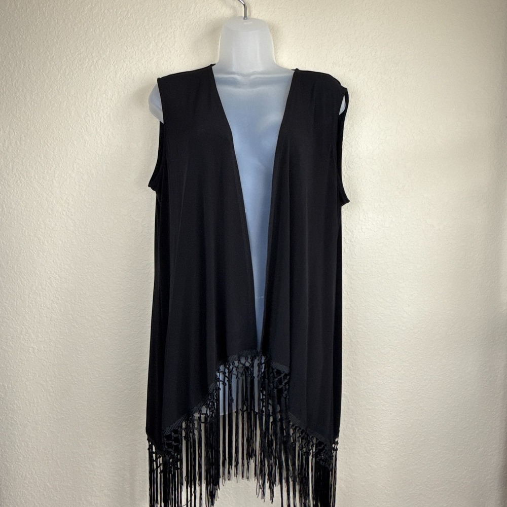 Women's Black Open Duster Vest Fringe Sleeveless Asymetrical Whimsygoth Witchy L